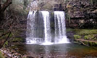Sgwd-y-Eira a "curtain waterfall"in the Brecon Beacons